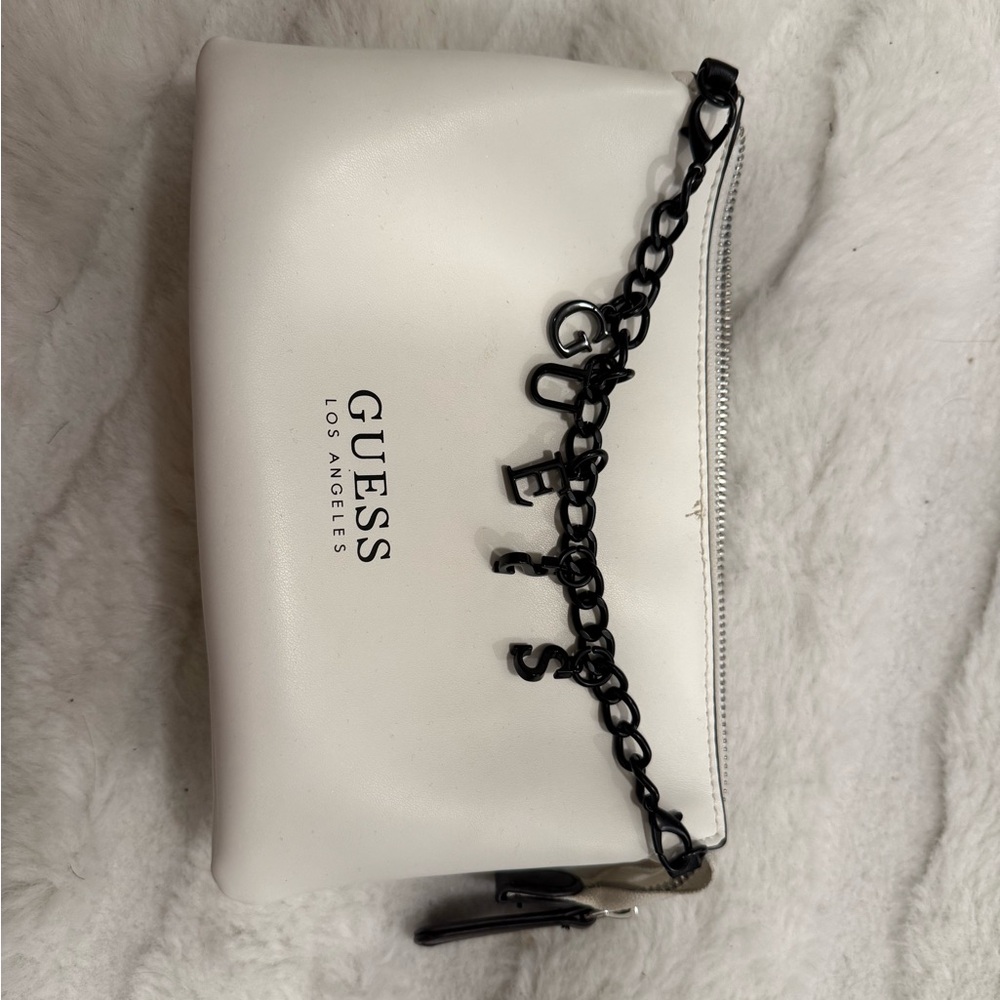 GUESS White Cosmetic Bag with Black Chain Accent